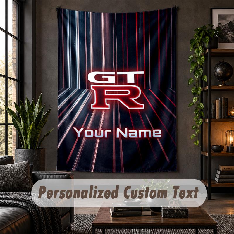 Personalisierte Wandtapisserie, Nissan GT-R Benutzerdefinierter Text, Wandkunst aus weichem Stoff für die Innendekoration