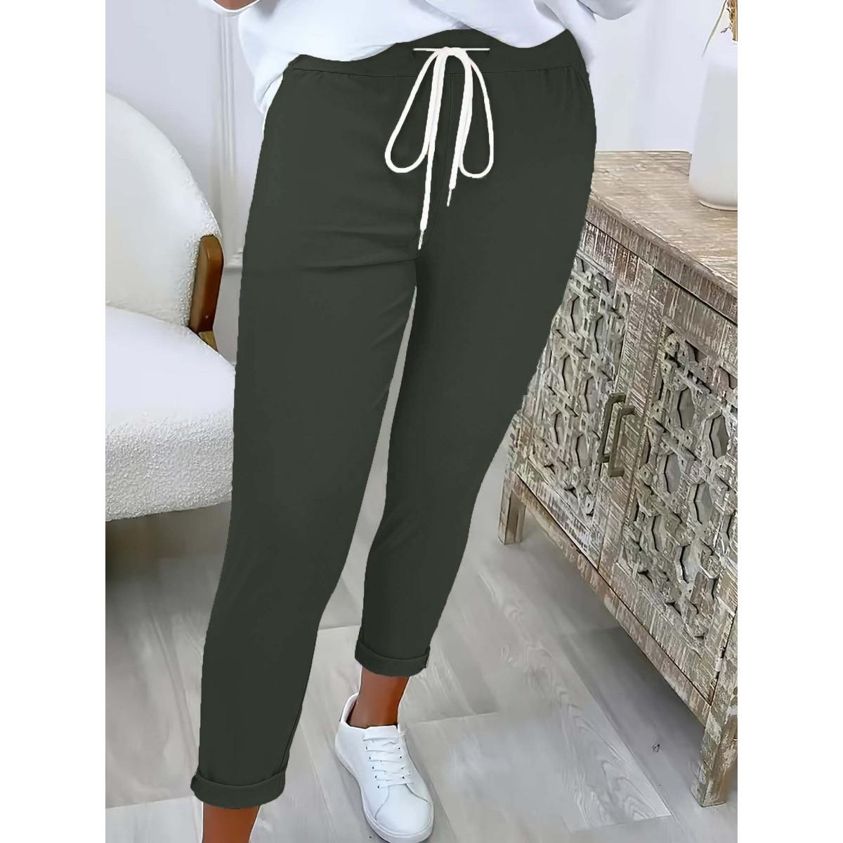 Women s Solid High Waist Tapered Belted Casual Trousers, Versatile Slim Fit Casual Pants for European American S темно-серого