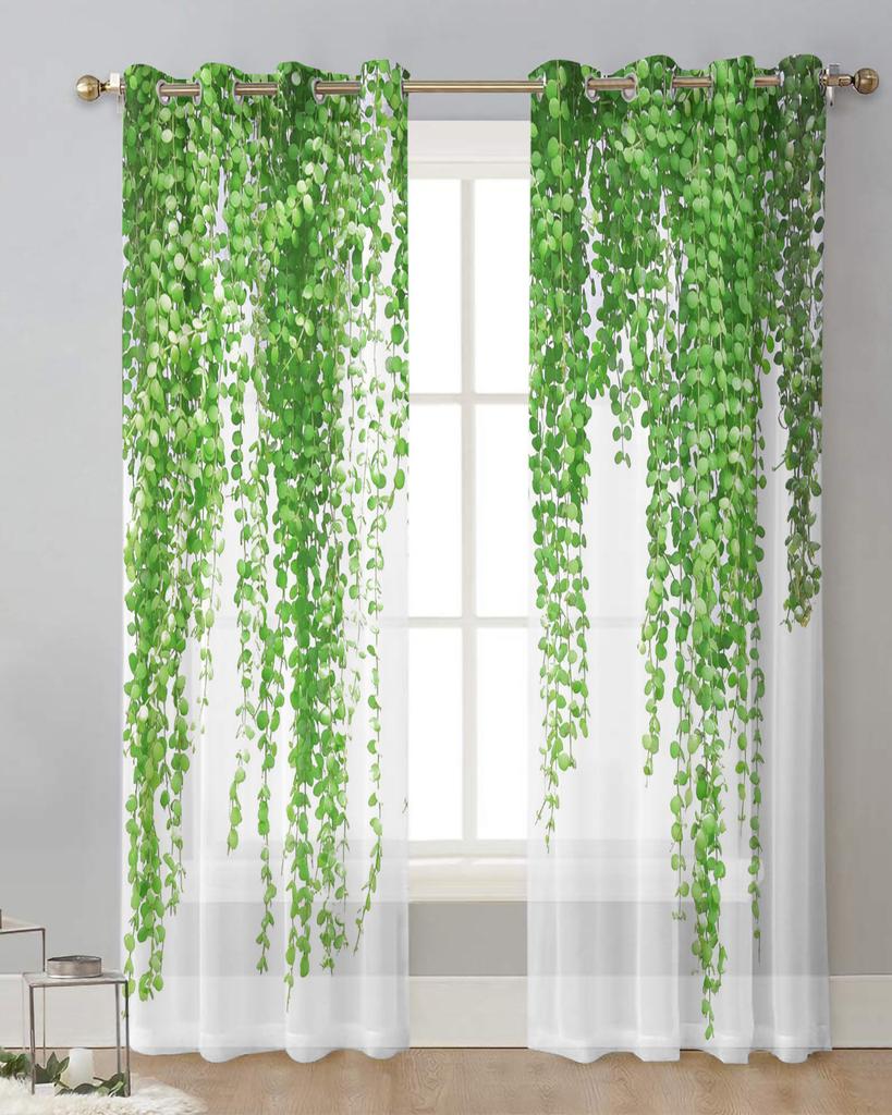 Plant Green Rattan Leaves White Sheer Curtains for Living Room Decoration Window Curtains Kitchen Tulle Voile Organza Curtains