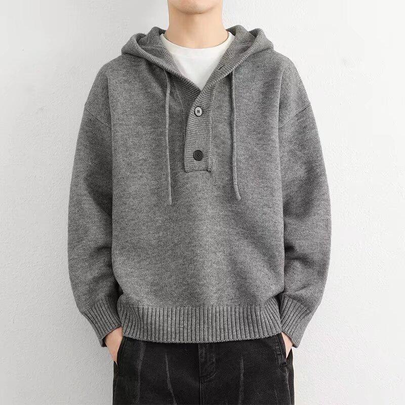 Men's Autumn/Winter Loose Hooded Pullover - Solid Color Knit Sweater