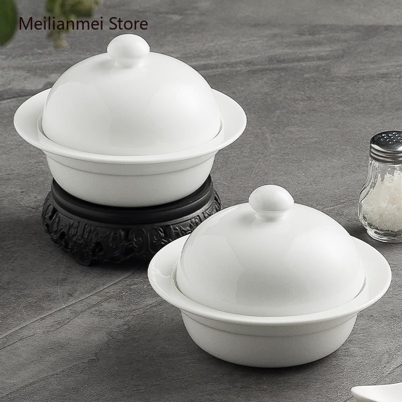 White Ceramic Bowl Home Steaming Egg Bowls Hotel Restaurant Tableware Chinese Soup Cup Ceramic Soup Bowl Round Bowls with Lid