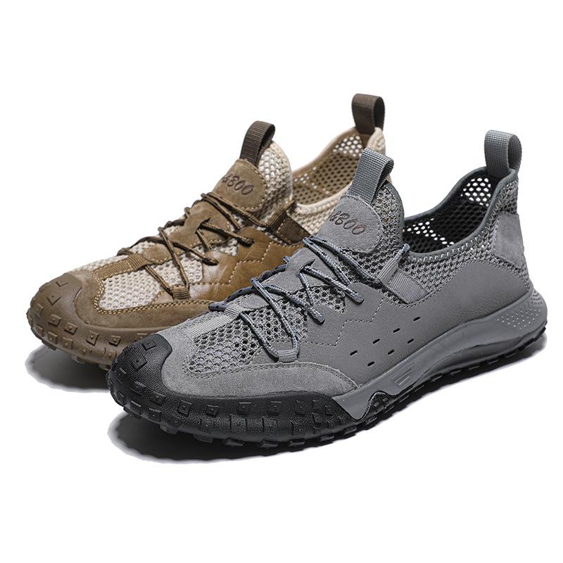 Summer new Korean version hollow mesh shoes men's breathable pigskin outdoor casual shoes men's lace-up mesh shoes
