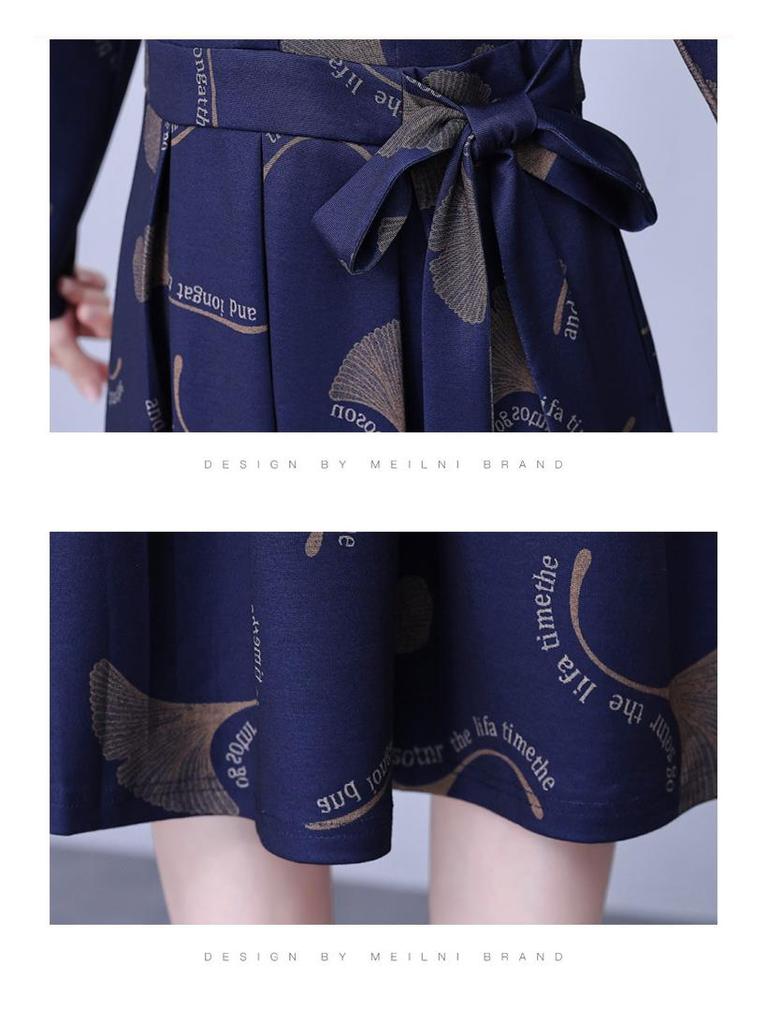 Elegant Floral Waist-Cinched Dress for Middle-Aged Women – Slimming Autumn/Winter Style
