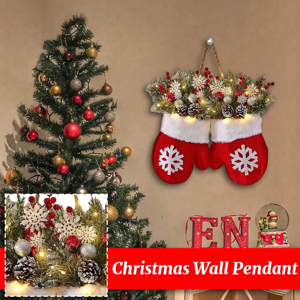 Twinkling Christmas Mitten Wreath, Christmas Lighted Werath Front Door Artificial Garland, Christmass Balls Hanging For Par