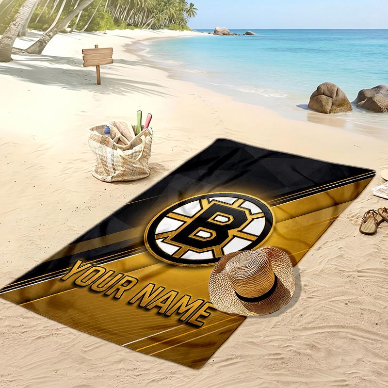 Boston Bruins Custom Beach Towel, Print Your Name Text Lightweight Absorbent Towel for Swimming Travel