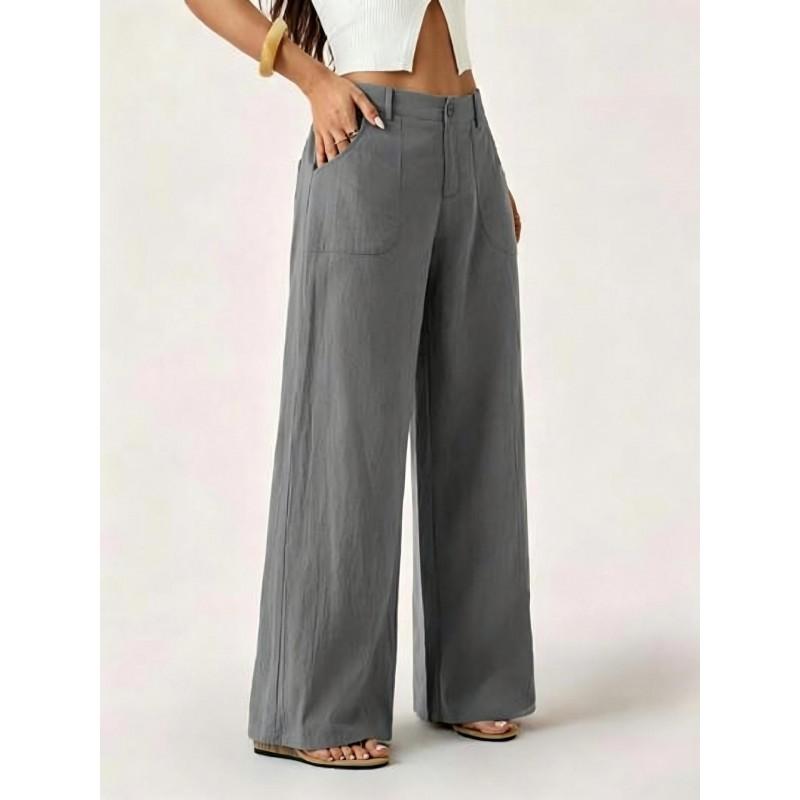 Womens Solid Cotton Linen Wide Leg Pants Casual Loose Fit Trousers With Pockets