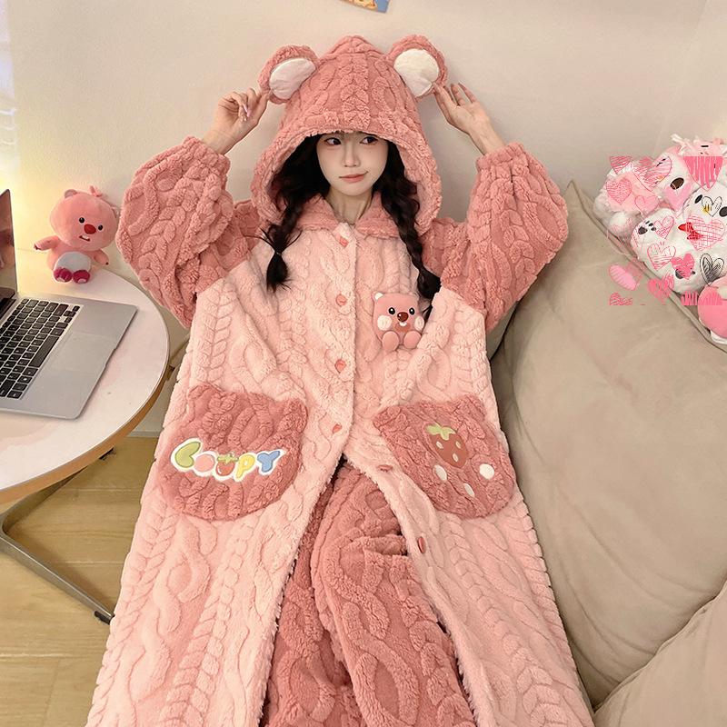 Outono e Inverno Novo Pijama Fofo com Capuz Castorzinho Veludo Coral Pijama de Inverno Feminino Conjunto de Pijama Feminino