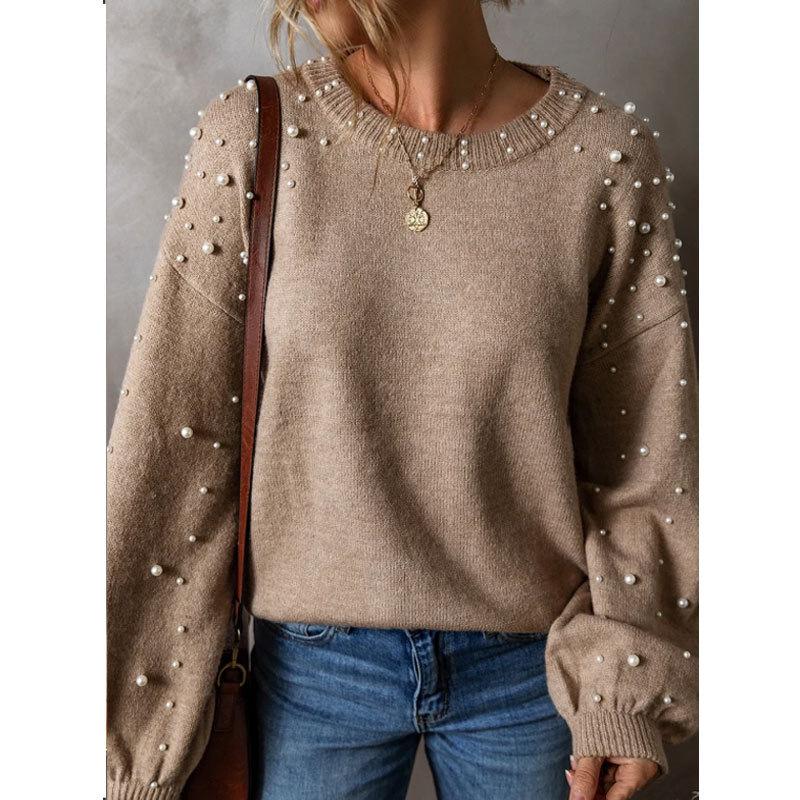 Suéter de Mujer Suelto con Cuentas Cuello Redondo Jersey Manga Larga