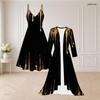 Women Plus Size Black Gold Printed Two Piece Set Long Sleeve Open Front Cardigan Strappy V Neck Flared Dress