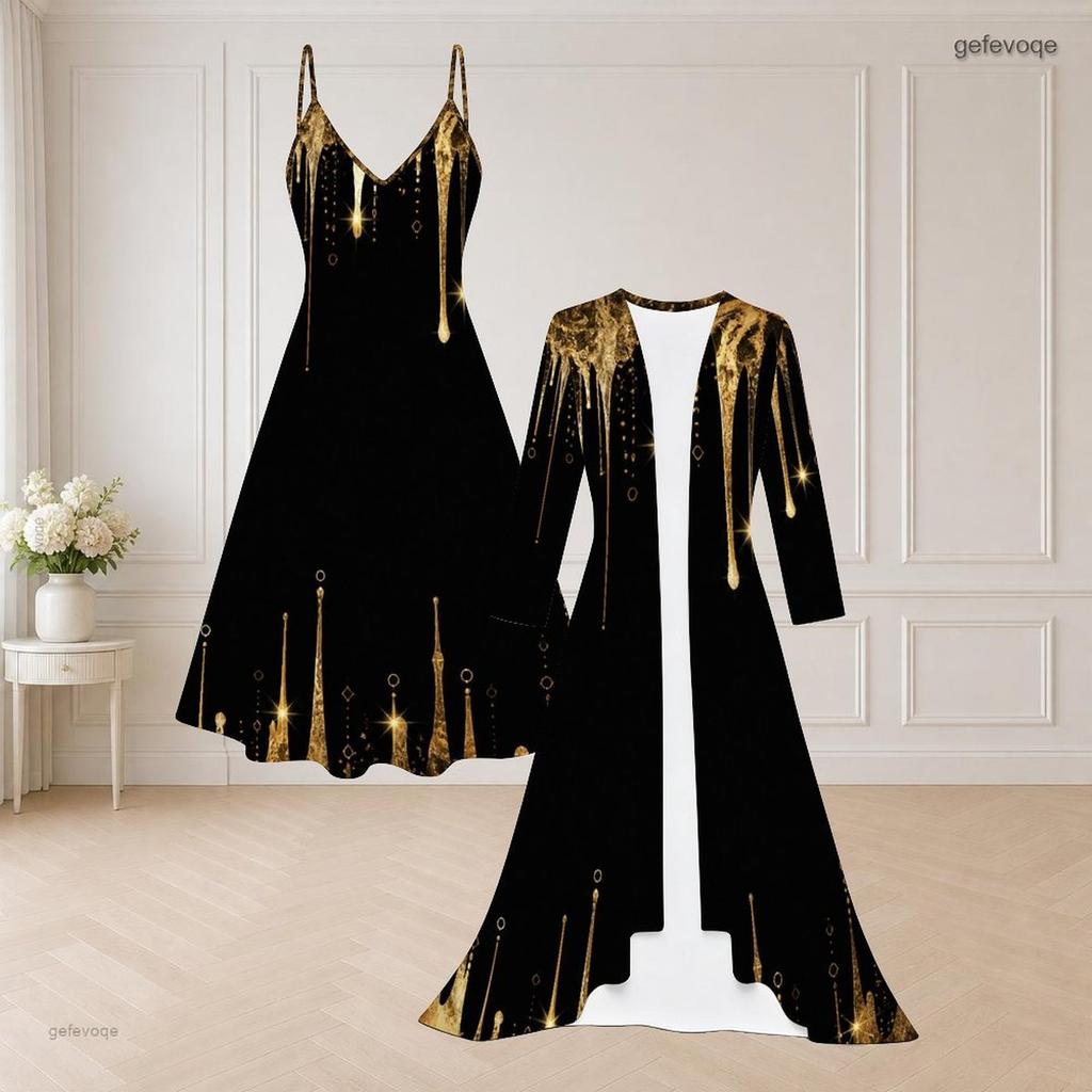 Women Plus Size Black Gold Printed Two Piece Set Long Sleeve Open Front Cardigan Strappy V Neck Flared Dress