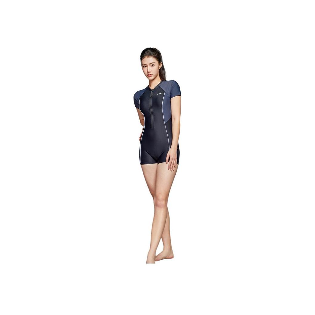 Li Ning Color Block Round Neck Pullover Short Sleeve Sports Swimsuit Women Swimsuit Black ASLT064-1