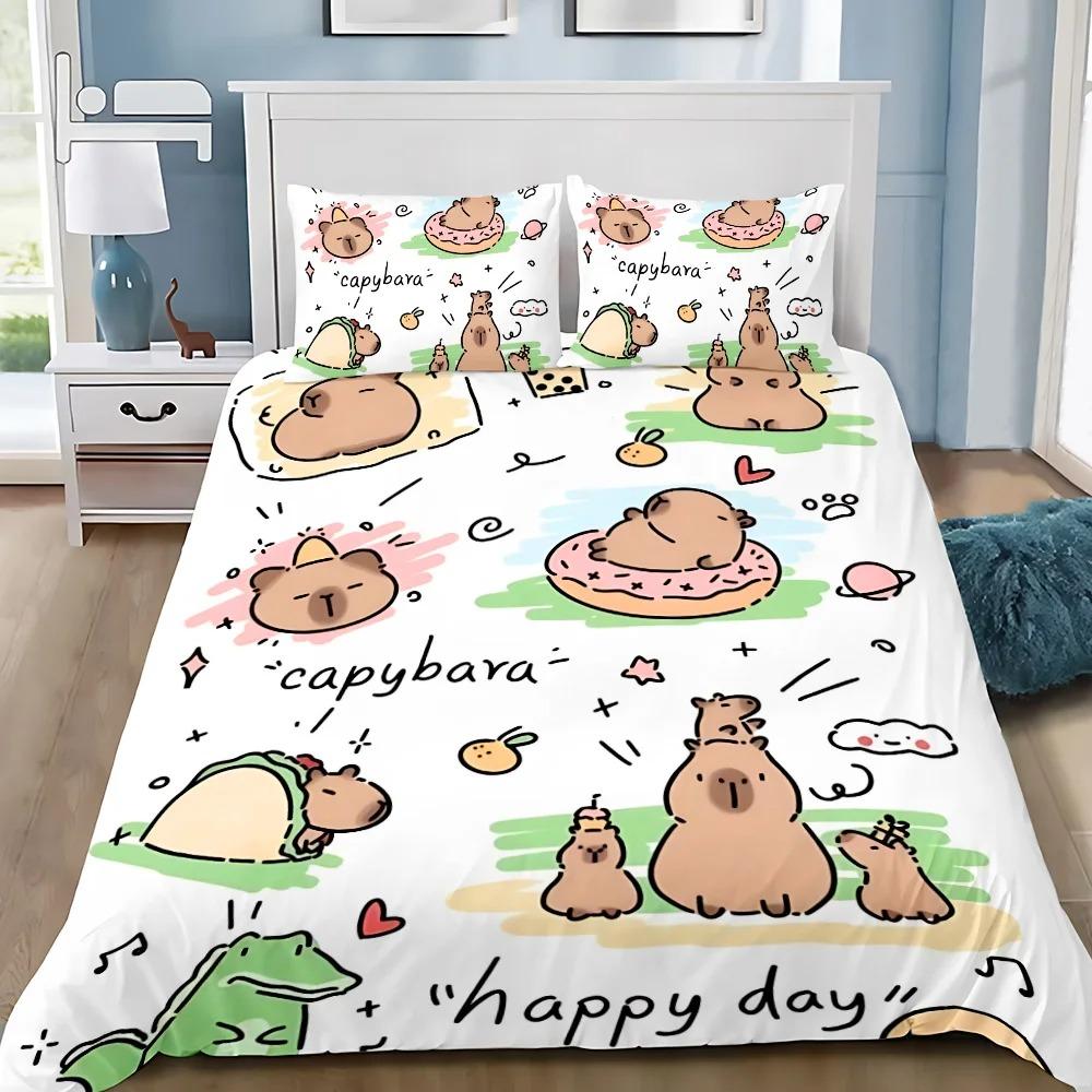 Capybara Quilt Cover Set 3D Decor Cute Print Comfortable Set Dark Style Breathable Bedding for Teenager Children