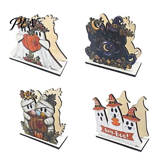 Seasonal Party Gift Halloween Wooden Napkin Holder, Ghost Black Cat Decorative Tabletop Tissue Stand Dispenser, Paper Towel Holder for Holiday Dining