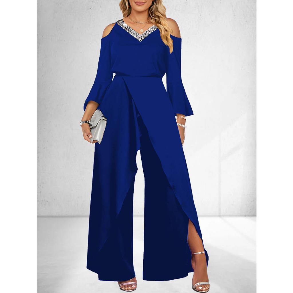 Women's Sequin Solid V Neck Business Elegant Wide Leg Loose Sleeve Bell Sleeve Jumpsuit