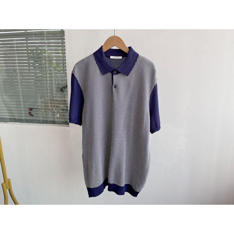 

Slightly Flaw Men s Houndstooth Polo Shirt Short-Sleeved Lapel T-shirt Summer Patchwork Loose Plaid Casual All-Matching Tops H1 Zhang Qing S