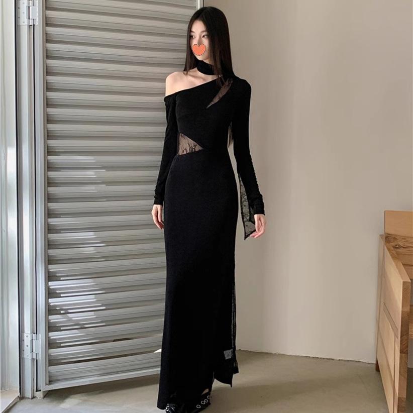 Autumn and winter new temperament lace splicing sexy slanted shoulder dress slim-fitting imperial sister temperament hip-wrapped long skirt