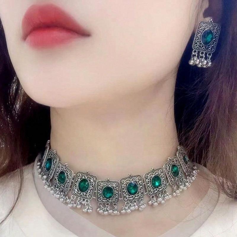 Seturi de bijuterii etnice vintage pătrate cu piatră de cristal pentru femei, colier, cercei, seturi Dubai africane, ținute, accesorii de petrecere