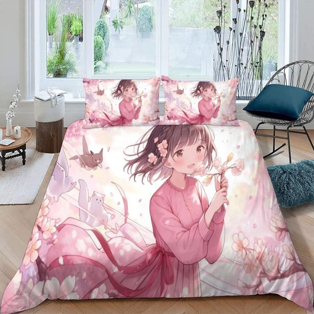 Anime Beautiful Girl Duvet Cover Set ,Cartoon Printed Patterned with Pillowcases, Soft Microfiber Quilt Covers for Girls
