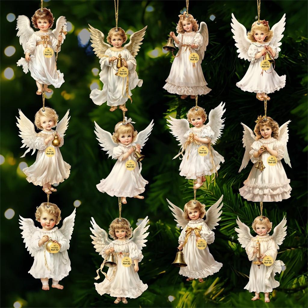 2D 12 Piece Set Of Victorians Angel Wooden Decoration Set, Traditional Holiday Home Window Decoration