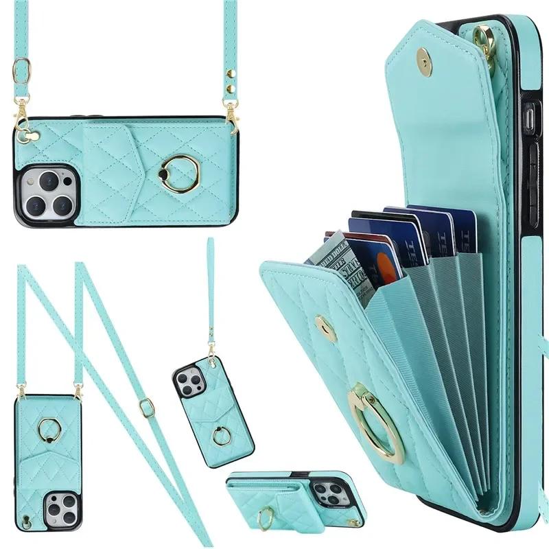 Crossbody Lanyard Leather Wallet Card Phone Case for iPhone 17 Air 16E 16 15 Pro Max 14 Plus 13 12 11 X XS XR Ring Flip Cover