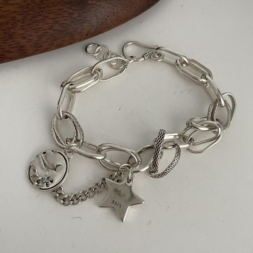 100% Solid 925 Silver Metal Bracelet for Women Vintage Handmade Simple Retro Heart Chain Bracelet Birthday Gift Party