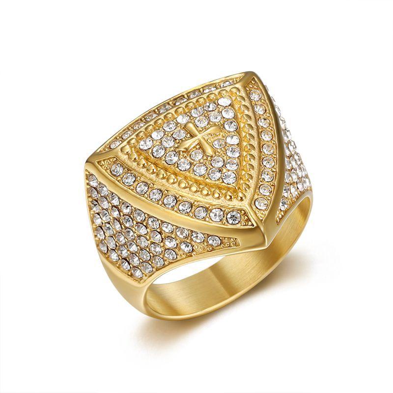 Europe, America, Ring, Vacuum Gold Plated Rhinestone Triangle Cross Men s Ring 2026 No. 7