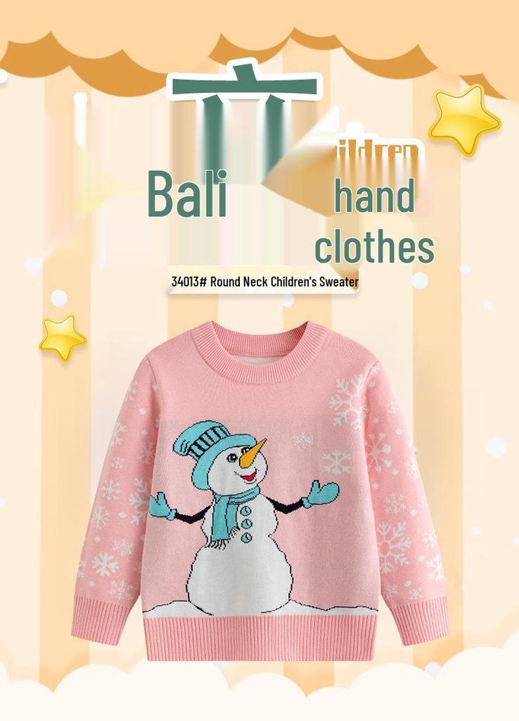 Girls' Double-Layer Snowman Jacquard Knit Pullover - Long-Sleeved Christmas Sweater for Autumn and Winter