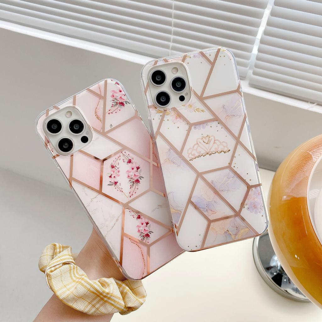 Galvanisieren Geometrische Marmor Blumen Textur Handyhülle für iPhone 15 14Plus 13 12 11 Pro Max XSMAX für Samsung S24 S23 S22 S21Ultra Plus A15 A05 A25