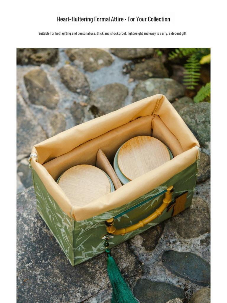 Creative Green Tea Ceramic Canister with Fresh Cloth Bag for Longjing, Maojian, Biluochun, Gyokuro - Empty Gift Packaging Box.