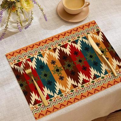 Set de 4 Manteles Bohemios de Lujo Patrón Floral Geométrico Rojo Azul con Cubiertos Dorados Decoración de Mesa de Comedor Hogar