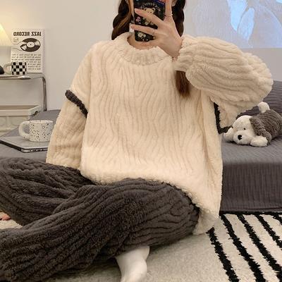 Autumn and Winter Women's Round Neck Simple Plus Velvet Coral Fleece Pajamas Thick Flannel Home Service Winter Soft Suit