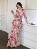2025 Summer European & American U-Neck Long Sleeve Patchwork Slim Fit Printed Women's Dress