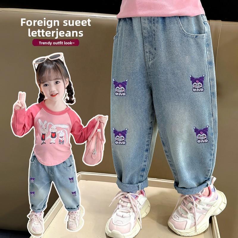Sanrio Kuromi Fashion Jeans Girl Cute Straight Trousers Loose Comfortable Summer Print Cartoon Children New Thin Long Pants Gift