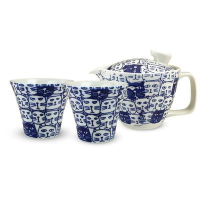 Kunzan Kiln Teapot 240ml & Pair of Teacups, Hasami Ware, Made In Japan, 1-2 Person Set, Includes Tea Strainer, Cat's Blue