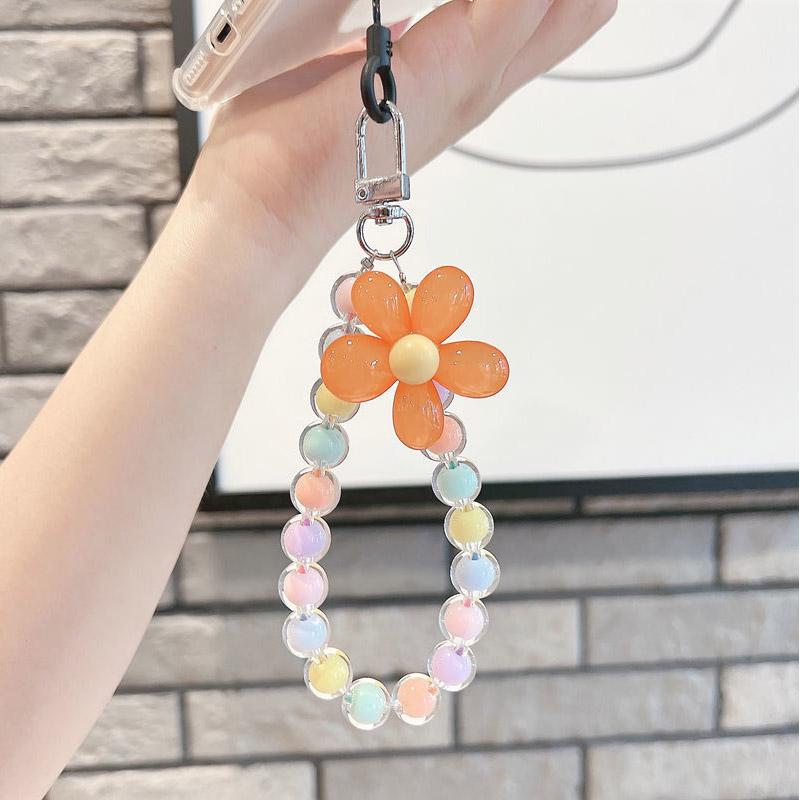 INS Candy Color Mobile Phone Lanyard Wrist Strap Women Girls Korean Beaded Flower Bracelet Anti-lost Case Bags Keys Pendant