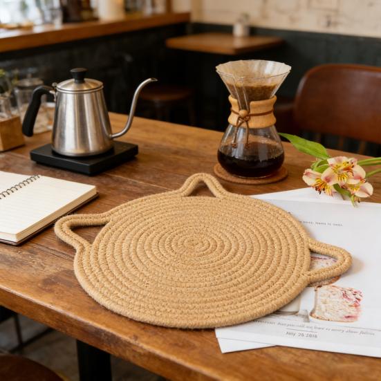 Cat Ear Cotton Coaster Placemat Handwoven Heat-Resistant Table Mat Non-Slip Absorbent Cute Kitchen Decor for Dining Home Use