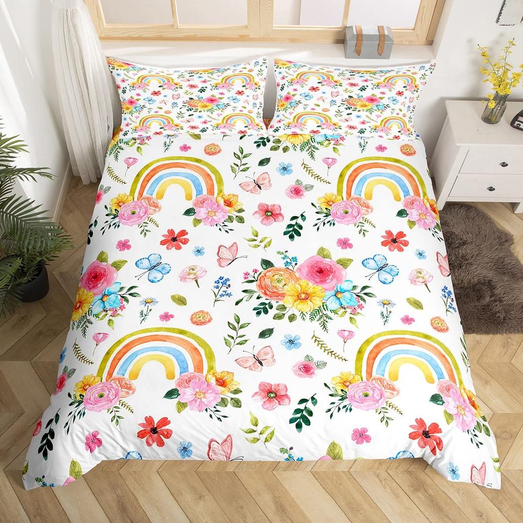 Rainbow King Queen Duvet Cover Colorful Rainbows Bedding Set Watercolor Floral Butterfly Comforter Cover Polyester Quilt Cover