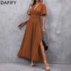 Women's Fashion Summer Spring Solid Color Print Short Sleeve V-Neck High Waist Casual Dresses