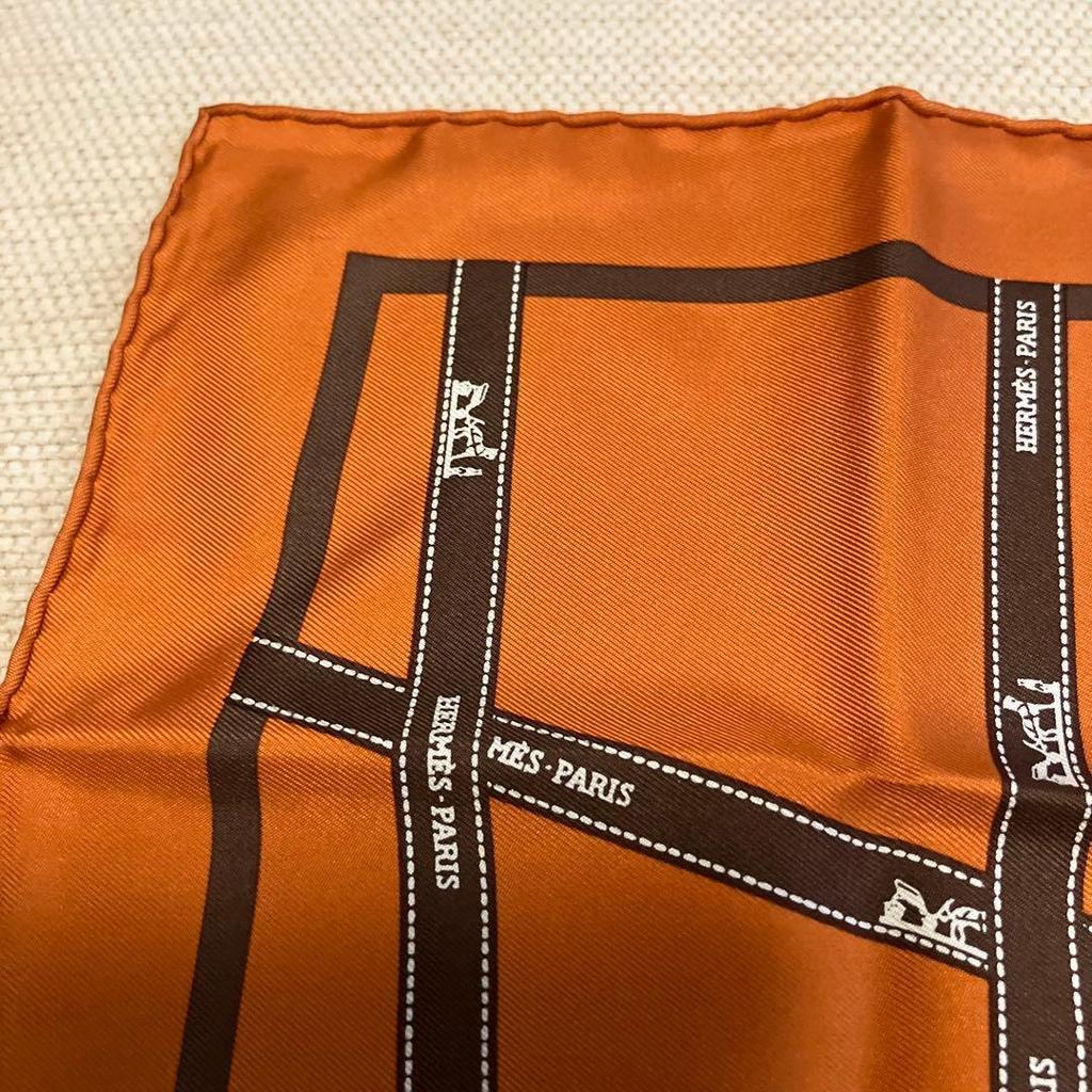Used HERMES Kare45 Pocket Square Bolduc (Ribbon Pattern) Orange