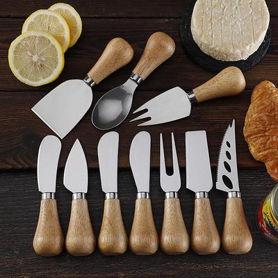 Rubber Wood Handle Stainless Steel Cheese Knife Set: Includes Fork, Spoon, Butter & Cream Knives