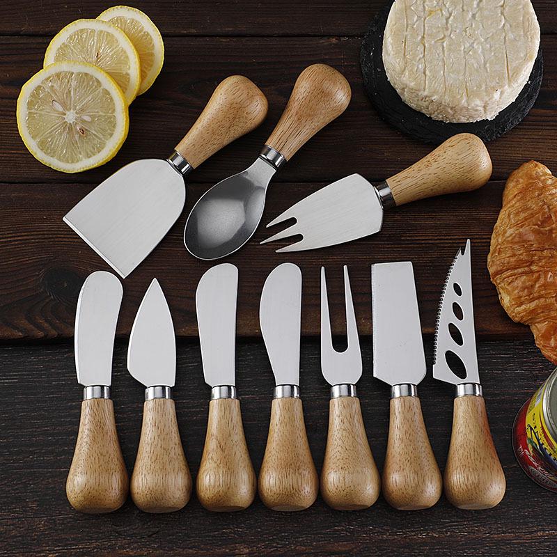 Rubber Wood Handle Stainless Steel Cheese Knife Set: Includes Fork, Spoon, Butter & Cream Knives