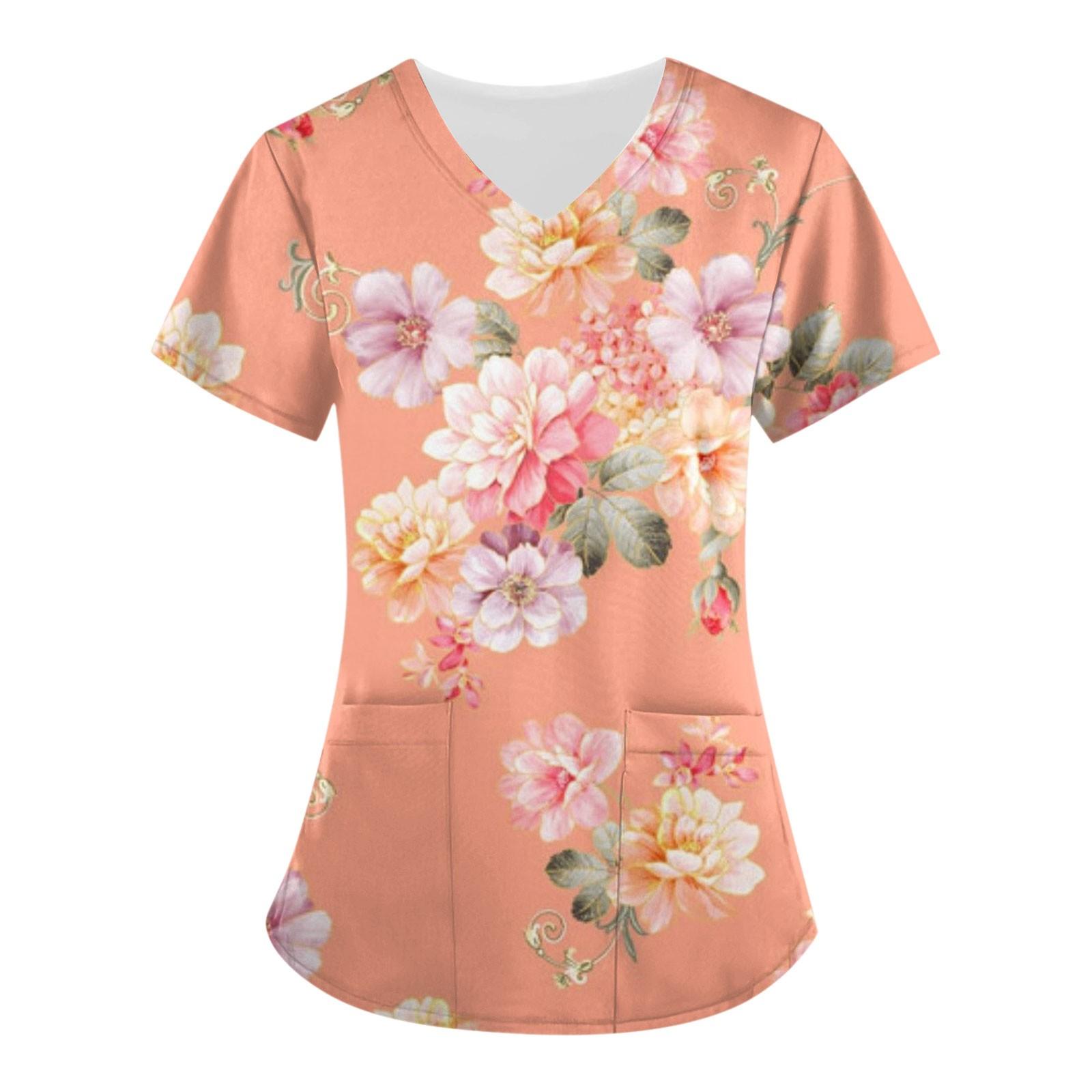 

Женская мода с v-образным вырезом, короткими рукавами и карманами, топы с принтом L оранжевый