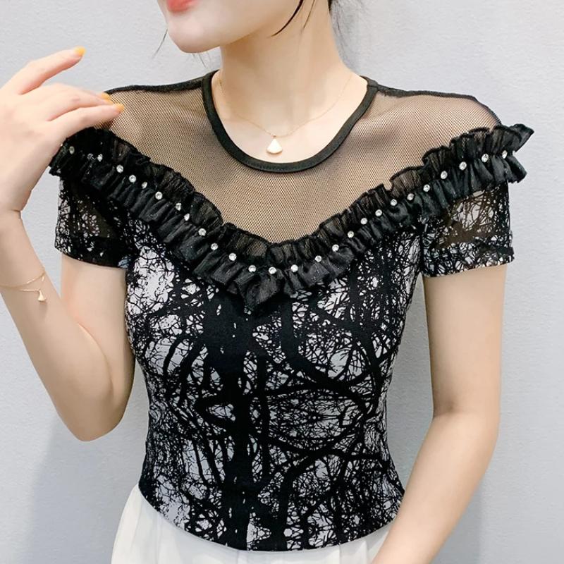 Módní letní dámské elegantní volánky s korálky tričko elegantní s krátkým rukávem s kulatým výstřihem sexy topy dámské univerzální ležérní trička