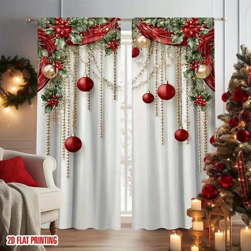 Xmas Ornament Holly Curtains Decor Polyester Holiday Window Home Living Bedroom Light Filtering Set Of 2 Made With Rod Pocket