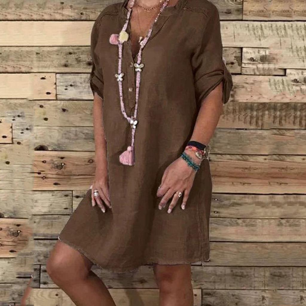 Women's Fashion Casual Temperament Crewneck Button Loose Cotton Hemp Color Dress