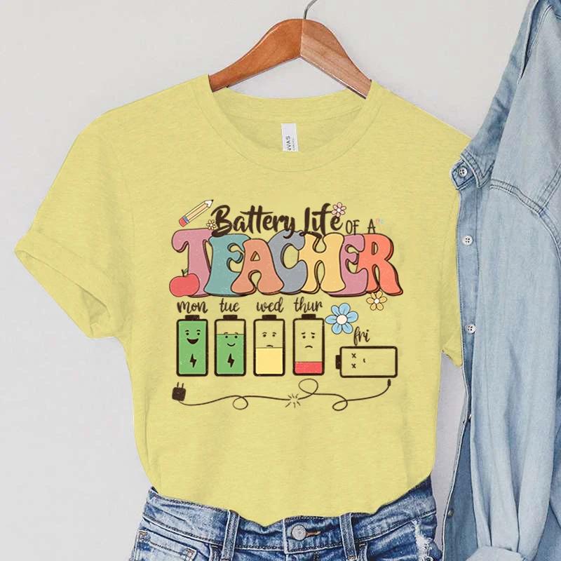 Battery Life of Teacher Print T Shirt Women Summer Tshirt Casual Female Tees for Lady Short Sleeve Kpop Y2k Tops Harajuku