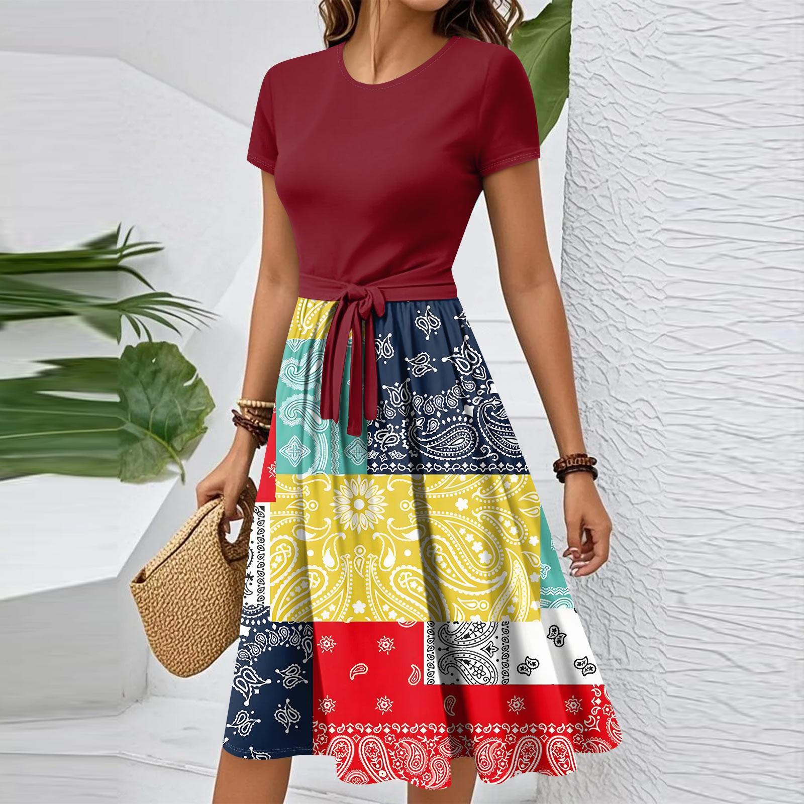 

Женское повседневное модное элегантное платье с поясом и винтажным принтом с коротким рукавом и круглым вырезом XL жёлтый