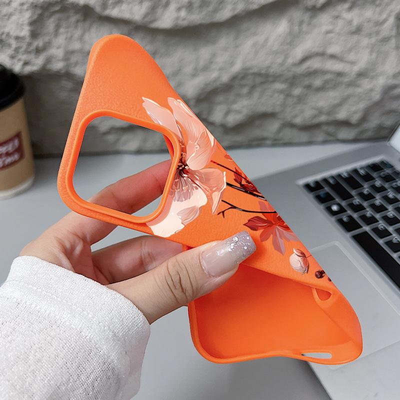 Handyhülle mit rosa Blumenmuster, Lederstruktur für iPhone 16 Pro 15 14 13 12 Pro Max, stoßfest, matt, schlank, einfarbig, TPU, weich, sturzsicher