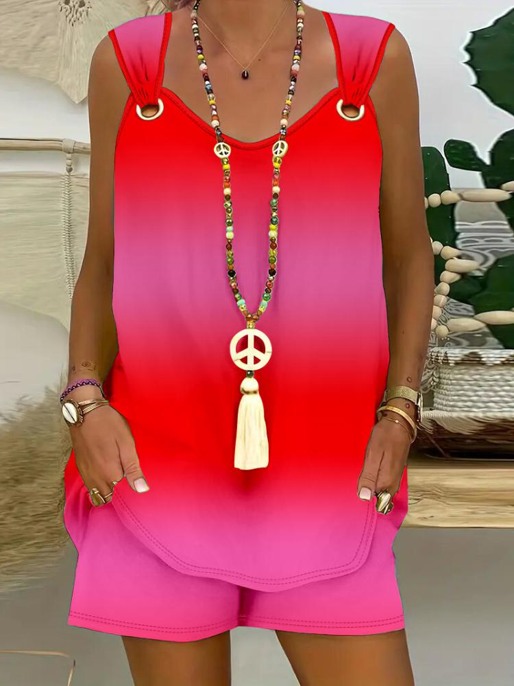 

Женский комплект без рукавов с градиентным цветом, повседневный летний наряд, эластичная удобная посадка 3XL красный