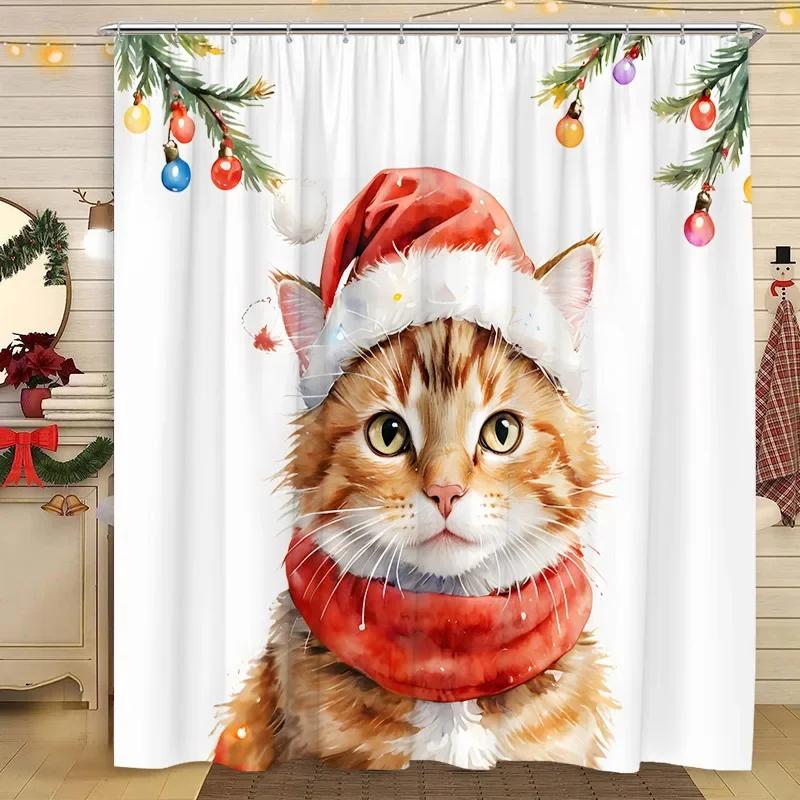 Christmas Shower Curtain Santa Claus Christmas Tree Cat Dog Winter Snowy Snowflake Home Polyester Fabric Bathroom Decor Curtai